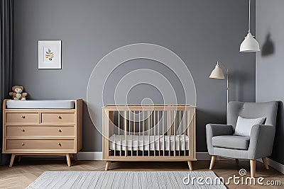 Real photo of a baby crib standing between a low cupboard and an armchair, lamp and stool in child's room interior Stock Photo