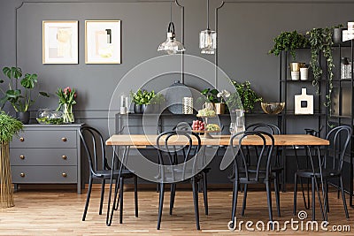 Real photo of a gray and black dining room interior with posters Stock Photo