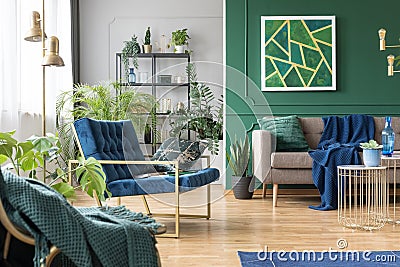 Real photo of green living room interior Stock Photo