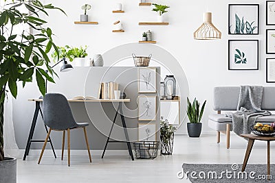 Real photo of a home office interior with a living room. Modern furniture and paintings on the wall Stock Photo