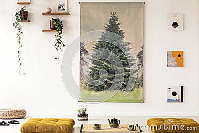 Real photo of a japanese poster on a wall in asian living room i Stock Photo