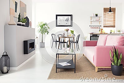 Real photo of open space flat interior with pink velvet sofa, fireplace, dining table and kichenette Stock Photo