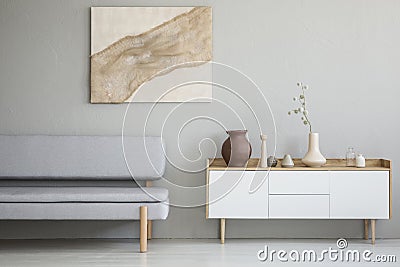 Real photo of a simple living room interior with a natural paint Stock Photo