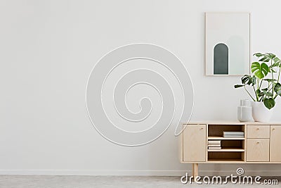 Real photo of simple poster hanging on wall, wooden cupboard with books and fresh plant and empty space for your armchair and lamp Stock Photo