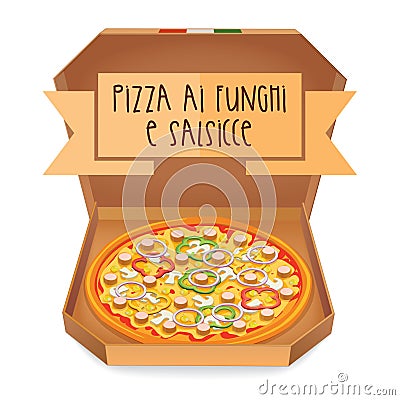 The real Pizza ai funghi e salsicce. Pizza with mushrooms and sa Vector Illustration