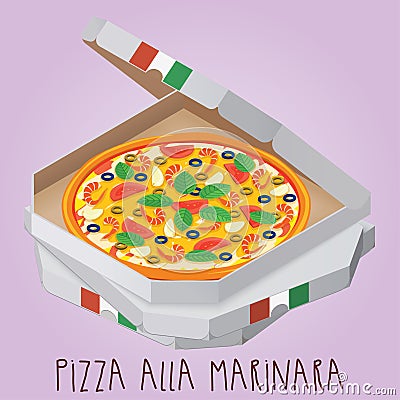 The real Pizza alla marinara. Italian pizza in box. Vector Illustration