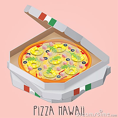The real Pizza Hawaii. Italian pizza in box. Vector Illustration