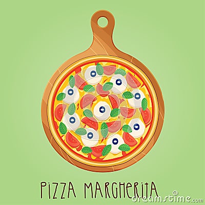 The real Pizza Margherita on wooden board Vector Illustration