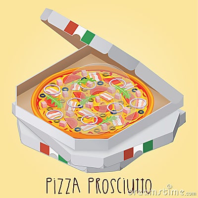 The real Pizza Prosciutt. Italian pizza in box. Vector Illustration