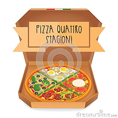 The real Pizza quattro stagioni. Pizza four Seasons. Vector Illustration