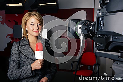 Real reporter with braking news smiling Editorial Stock Photo