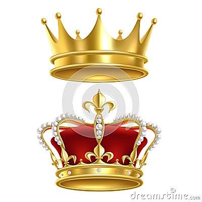 Real royal crown. Imperial gold luxury monarchy medieval crowns for heraldic sign isolated realistic vector set on white Vector Illustration