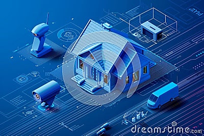 Real-time alert systems in Security cameras ensure networked security, supported by HD technology and comprehensive monitoring acr Cartoon Illustration