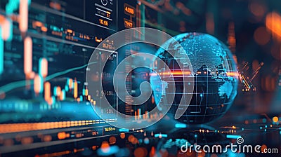 Real-time analytics on a 3D globe, highlighted by AI for comprehensive global insights. Data Analytics in AI Stock Photo