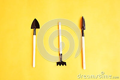 The tools, implements and farm or household equipment on yellow background. Top view. Space for text. Stock Photo