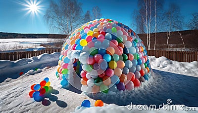 Real water balloon igloo in snowy landscape Stock Photo