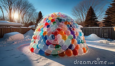 Real water balloon igloo in snowy landscape Stock Photo