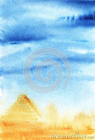 A real watercolor background of the blue sky and yellow Egyptian Stock Photo