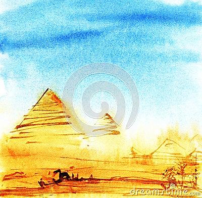 Real Watercolor sketch of Egyptian Pyramids on a blue sky. Hand Stock Photo