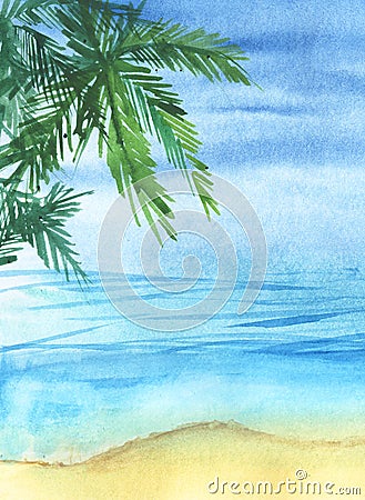 Real watercolor sketchy coastline with palm trees. Hand drawn landscape background. Stock Photo