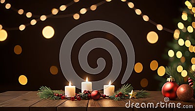 Real wood table decorations for dining during the Christmas season. The background has beautiful bokeh. Stock Photo