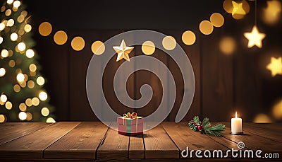 Real wood table decorations for dining during the Christmas season. The background has beautiful bokeh. Stock Photo