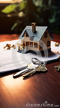 Realestate concept with keys, house model, and contract paper Stock Photo