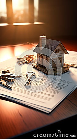 Realestate concept with keys, house model, and contract paper Stock Photo