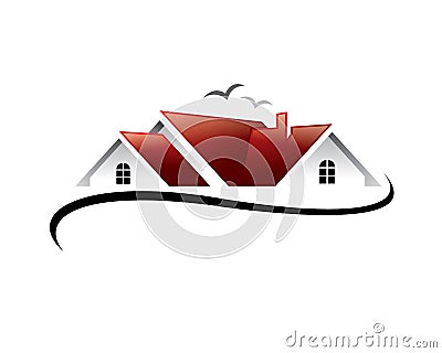 Realestate property of red roof house with birds and streamline Vector Illustration
