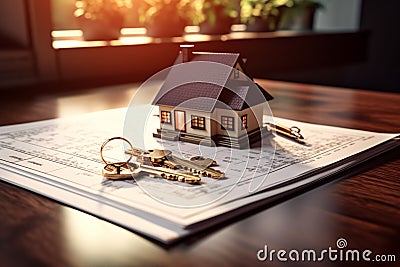 Realestate workspace Keys, house model, and contract on table Stock Photo