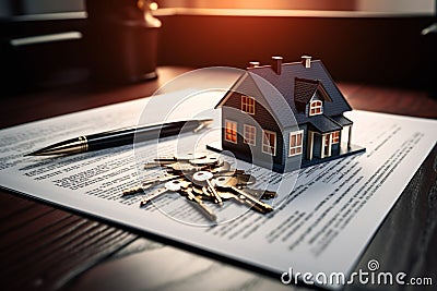 Realestate workspace Keys, house model, and contract on table Stock Photo