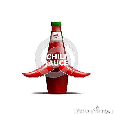 Realictic vector illustration of bottle of chili sauce with a mustache of chili peppers. Isolated on white background. Vector Illustration