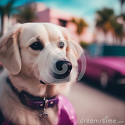 Realisitc photo close up of Vaporwave fashion dog in miami Stock Photo