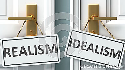 Realism or idealism as a choice in life - pictured as words Realism, idealism on doors to show that Realism and idealism are Cartoon Illustration