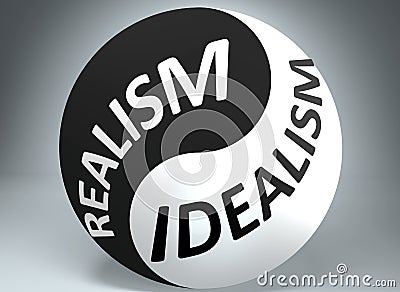 Realism and idealism in balance - pictured as words Realism, idealism and yin yang symbol, to show harmony between Realism and Cartoon Illustration