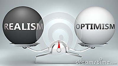 Realism and optimism in balance - pictured as a scale and words Realism, optimism - to symbolize desired harmony between Realism Cartoon Illustration