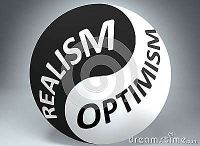 Realism and optimism in balance - pictured as words Realism, optimism and yin yang symbol, to show harmony between Realism and Cartoon Illustration