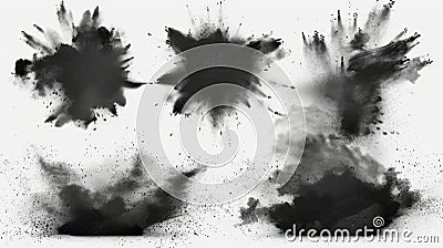 A realist set of black powder splashes isolated on a transparent background. Modern illustration of dust particles, ash Cartoon Illustration