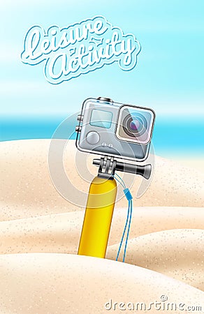 Realistic action camera on beach sand background Vector Illustration