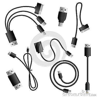 Realistic Adapter Cables Set Vector Illustration
