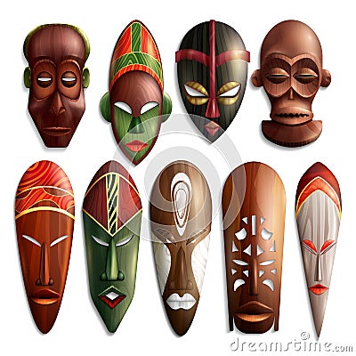 Realistic African Masks Set Vector Illustration