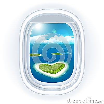 Realistic aircraft porthole (window) with blue sea or ocean in it and small tropical islands. Vector Illustration