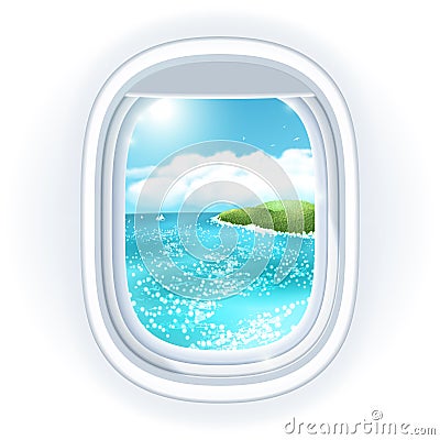 Realistic aircraft porthole (window) with bright sea or ocean in it and tropical island. Vector Illustration