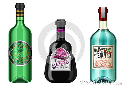 Realistic alcohol drinks in a bottle with different vintage labels. Absent Liqueur Tequila. Vector illustration. Vector Illustration