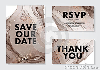 Realistic alcohol ink digital rsvp design, wedding invitation card for bridal party, birthday, family holiday background. Marble Vector Illustration