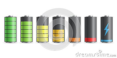 Realistic alkaline battery set icon in flat style. Different size accumulator vector illustration on isolated background. Vector Illustration