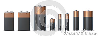 Realistic alkaline battery sizes aa, aaa and d. Batteries types. Chemical electric power source in metal cylinder. 3d charge icon Vector Illustration