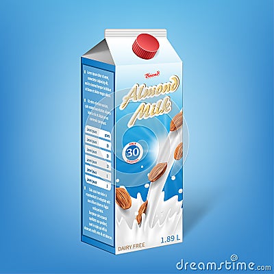 Realistic almond milk carton package. Milk package design isolated template for vegan natural meal. Dairy product for Vector Illustration