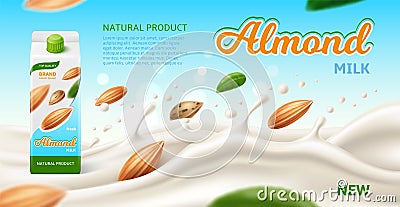 Realistic almond milk. Organic milkshake. Nuts beverage advertising banner. White splashes and liquid waves. Brand Vector Illustration
