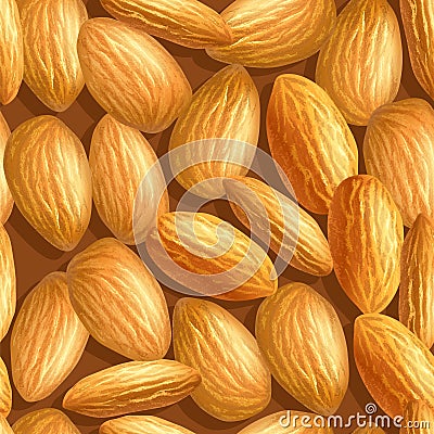 Realistic almonds texture. Seamless pattern. Template for background, wallpaper, postcard, print, textile. Vector illustrat Cartoon Illustration
